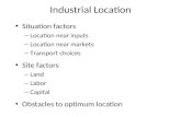 Industrial Location Situation factors – Location near inputs – Location near markets – Transport choices Site factors – Land – Labor – Capital Obstacles.