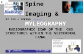 1 Spine Imaging & MYLEOGRAPHY RADIOGRAPHIC EXAM OF THE CNS STRUCTURES WITHIN THE VERTERBRAL CANAL RT 255 – SPRING (2010 rev) Pt info: