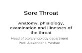 Sore Throat Anatomy, phisiology, examination and illnesses of the throat Head of otolaryngology department Prof. Alexander I. Yashan.