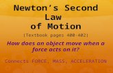 How does an object move when a force acts on it? Connects FORCE, MASS, ACCELERATION Newton’s Second Law of Motion (Textbook pages 400-402)