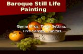 Baroque Still Life Painting Game Birds, Table Setting, Five Senses, Vanitas.