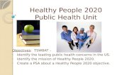 Healthy People 2020 Public Health Unit Objectives: TSWBAT – Identify the leading public health concerns in the US. Identify the mission of Healthy People.