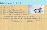 Matthew 1:1-17 A. Jesus (verse 1) B. Christ (verse 1) C. Son of David (verse 1) D. Son of Abraham (verse 1) E. Why a list of names? (verses 2-17) F. Who.
