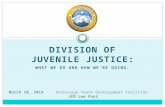 DIVISION OF JUVENILE JUSTICE: WHAT WE DO AND HOW WE’RE DOING. March 10, 2014 Anchorage Youth Development Coalition JPO Lee Post.