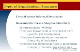 Types of Organizational Structures Formal versus Informal Structures Bureaucratic versus Adaptive Structures In bureaucracies (Weber): Everyone knows what.