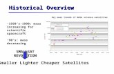 Historical Overview Dry mass trends of NASA science satellites 1950’s-1990: mass increasing for scientific spacecraft 90’s: mass decreasing SMALLSAT REVOLUTION.