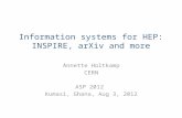 Information systems for HEP: INSPIRE, arXiv and more Annette Holtkamp CERN ASP 2012 Kumasi, Ghana, Aug 3, 2012.