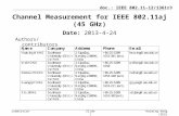 Doc.: IEEE 802.11-12/1361r3 Submission Channel Measurement for IEEE 802.11aj (45 GHz) Date: 2013-4-24 Authors/contributors: Haiming Wang (SEU)Slide 1.