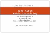 Janeaubinhr@gmail.com 20 November 2013 Job Descriptions & Analysis Jane Aubin Aubin Consulting Job Description & Organisation Specialist Job Descriptions.