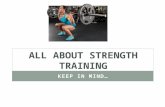 ALL ABOUT STRENGTH TRAINING KEEP IN MIND…. WHAT IS STRENGTH TRAINING? Strength training is using muscular force against resistance. Muscles adapt to any.