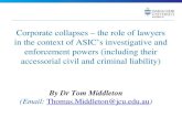 Corporate collapses – the role of lawyers in the context of ASIC’s investigative and enforcement powers (including their accessorial civil and criminal.