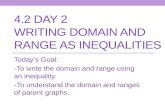 4.2 DAY 2 WRITING DOMAIN AND RANGE AS INEQUALITIES Today’s Goal: -To write the domain and range using an inequality. -To understand the domain and ranges.