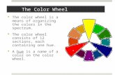 The Color Wheel  The color wheel is a means of organizing the colors in the spectrum.  The color wheel consists of 12 sections, each containing one.