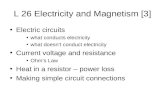 L 26 Electricity and Magnetism [3] Electric circuits what conducts electricity what doesn’t conduct electricity Current voltage and resistance Ohm’s Law.