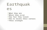 Earthquakes  What they are  Where they occur  How fast they travel  How to locate their centers  Their strength.