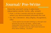 Journal/ Pre-Write Describe yourself using 3 adjectives (descriptive words: funny, silly, smart) Pick 1 of the 3 words and list an instance where you demonstrated.