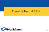 4-1 ThreadX Kernel API’s. 4-2 ThreadX in General ThreadX is delivered in binary format No MMU support Resides with Application System structures directly.
