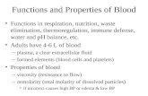 Functions and Properties of Blood Functions in respiration, nutrition, waste elimination, thermoregulation, immune defense, water and pH balance, etc.