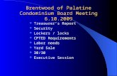 Brentwood of Palatine Condominium Board Meeting 6.10.2009 Treasurer’s Report Security Lockers / locks CPTED Requirements Labor needs Yard Sale 30/30 Executive.
