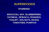 SUPERFOODS STARRING: BROCCOLI, SOY, BLUEBERRIES, OATMEAL, SPINACH, ORANGES, YOGURT, WALNUTS, BEANS, TOMATOES, PUMPKIN.