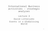 1 International Business activities – strategic analyses Lecture 4 David Litteljohn Events in a Globalising World.