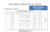 Monday, February 6, 2012 Welcome Back! Happy Birthday: Matt Bartels Sabrina Parkinson Mr. Cupp Front Back.