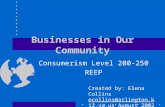 Businesses in Our Community Consumerism Level 200-250 REEP Created by: Elena Collins ecollins@arlington.k12.va.us August 2002.