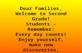 Dear Families, Welcome to Second Grade! Students – Remember: Every day counts! Enjoy yourself, make new discoveries, set goals, and have fun!