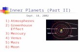 Inner Planets (Part II) 1)Atmospheres 2)Greenhouse Effect 3)Mercury 4)Venus 5)Mars 6)Moon Sept. 18, 2002.