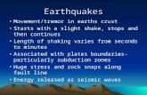 Earthquakes Movement/tremor in earths crust Starts with a slight shake, stops and then continues Length of shaking varies from seconds to minutes Associated.