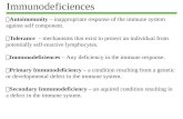 Immunodeficiences  Autoimmunity – inappropriate response of the immune system against self component.  Tolerance – mechanisms that exist to protect an.