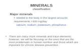 MINERALS classification Major minerals needed in the body in the largest amounts requirements >100 mg/day calcium, sodium, potassium, phosphorus There.