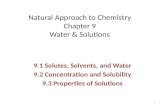 Natural Approach to Chemistry Chapter 9 Water & Solutions 9.1 Solutes, Solvents, and Water 9.2 Concentration and Solubility 9.3 Properties of Solutions.