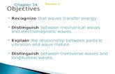 Copyright © by Holt, Rinehart and Winston. All rights reserved.  Recognize that waves transfer energy.  Distinguish between mechanical waves and electromagnetic.