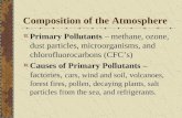 Composition of the Atmosphere Primary Pollutants – methane, ozone, dust particles, microorganisms, and chlorofluorocarbons (CFC’s) Causes of Primary Pollutants.