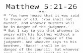 Matthew 5:21-26 (NKJV) 21 “You have heard that it was said to those of old, ‘You shall not murder, and whoever murders will be in danger of the judgment.’