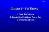 Chapter 5 - Set Theory 1. Basic Definitions 2. Empty Set, Partitions, Power Set 3. Properties of Sets 5.1.1.