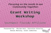 Grant Writing Workshop Southwest Florida Affiliate Presented By: Miriam Ross, Executive Director Denese Mattrey, Grant Committee Focusing on the needs.