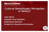 3/31/20100Office/Department|| Cultural Stereotypes: Perception or Realty? Juan Meraz Assistant Vice President Multicultural Services Division for Diversity.
