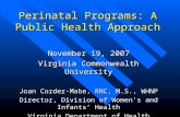 Perinatal Programs: A Public Health Approach November 19, 2007 Virginia Commonwealth University Joan Corder-Mabe, RNC, M.S., WHNP Director, Division of.