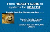 HEALTH CARE HEALTH From HEALTH CARE to systems for HEALTH: Family Practice Nurses are key …… Ontario Family Practice Nurses Conference Carolyn Bennett.
