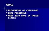 GOAL PREVENTION OF CHILDHOOD PREVENTION OF CHILDHOOD LEAD POISONING LEAD POISONING MEET 2010 GOAL IN TARGET CITIES MEET 2010 GOAL IN TARGET CITIES.