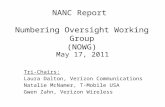 NANC Report Numbering Oversight Working Group (NOWG) May 17, 2011 Tri-Chairs: Laura Dalton, Verizon Communications Natalie McNamer, T-Mobile USA Gwen Zahn,