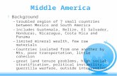 Middle America F Background –troubled region of 7 small countries between Mexico and South America –includes Guatemala, Belize, El Salvador, Honduras,