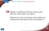 © Copyright Pearson Prentice Hall Slide 1 of 26 Properties of Matter > Describing Matter Matter- Anything that has mass and volume and takes up space Different.