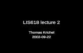 LIS618 lecture 2 Thomas Krichel 2002-09-22. Structure of talk General round trip on theoretical matters, part –Information retrieval models vector model.