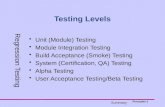 Principles-1 Testing Levels Unit (Module) Testing Module Integration Testing Build Acceptance (Smoke) Testing System (Certification, QA) Testing Alpha.