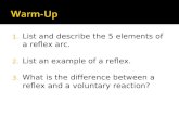 1. List and describe the 5 elements of a reflex arc. 2. List an example of a reflex. 3. What is the difference between a reflex and a voluntary reaction?