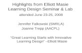Highlights from Elliott Masie Learning Design Seminar & Lab attended June 23-25, 2008 Jennifer Falkowski (SMRLA) Joanne Trepp (AACPL) “Great Learning Starts.
