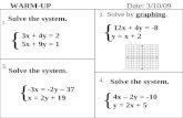 WARM-UP Date: 3/10/09 1. 4. 3. Solve the system. Solve the system. 2. Solve by graphing. 4x – 2y = -10 y = 2x + 5 { 3x + 4y = 2 5x + 9y = 1 { Solve the.